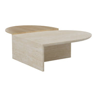 Elegant beige and light wood oval coffee table with smooth, minimalist design and seamless patterns. Perfect for modern decor.