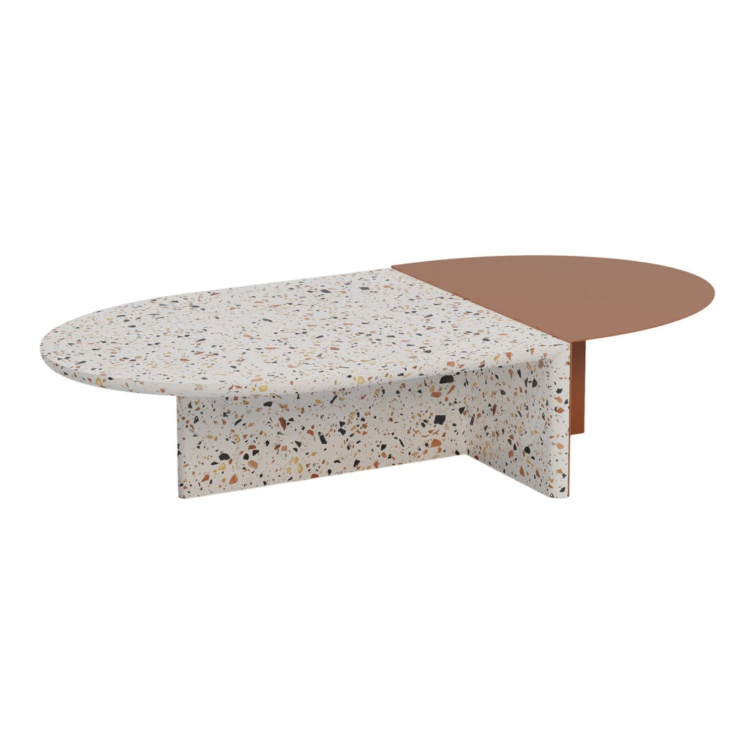 Modern coffee table featuring a speckled white surface and a smooth brown accent. Unique abstract design adds style.