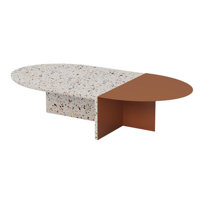 Oval coffee table featuring a speckled white top and a warm brown side for a modern, stylish look.