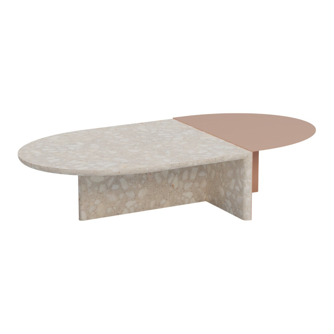 Contemporary coffee table featuring a textured beige surface and smooth terracotta accent, with geometric oval shapes.