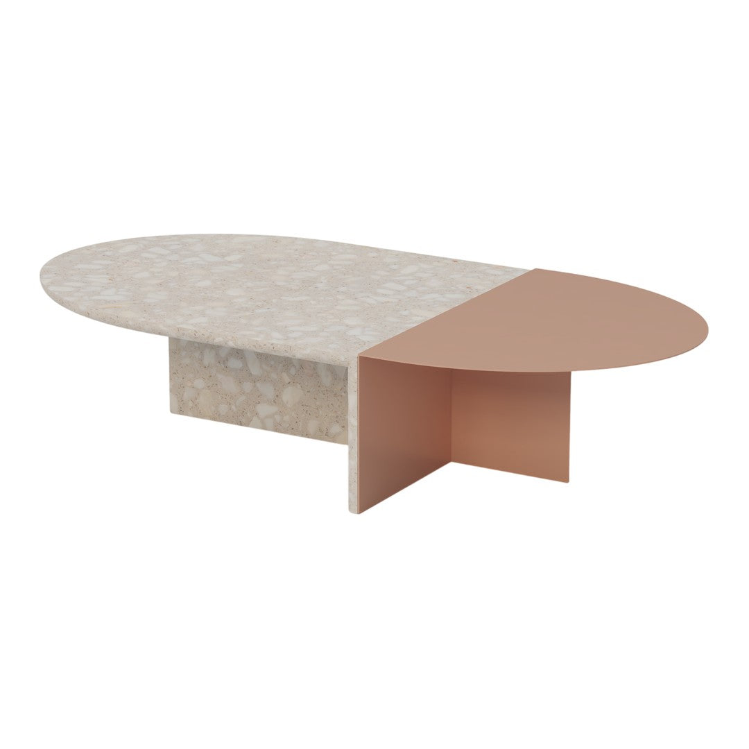 Oval coffee table featuring a speckled light gray top and a coordinating soft pink side. Modern and chic design.