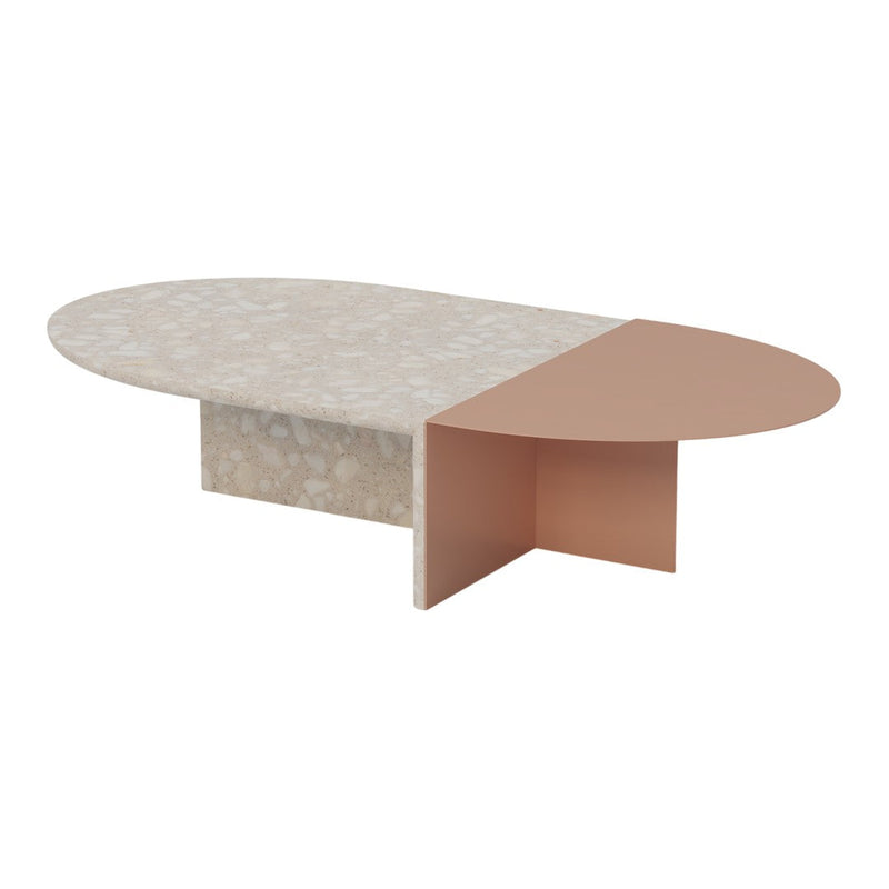 Oval coffee table featuring a speckled light gray top and a coordinating soft pink side. Modern and chic design.