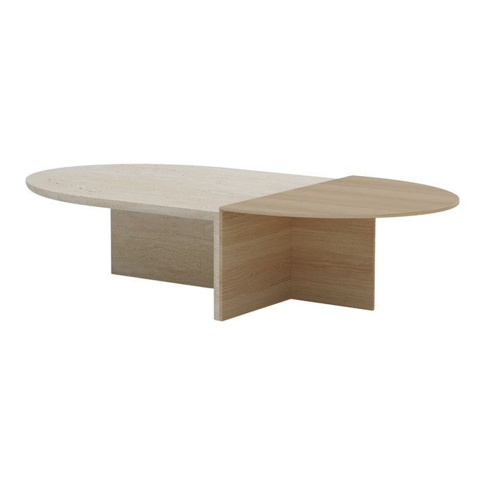 "Light wood oval coffee table with a minimalist design and smooth, natural finish."