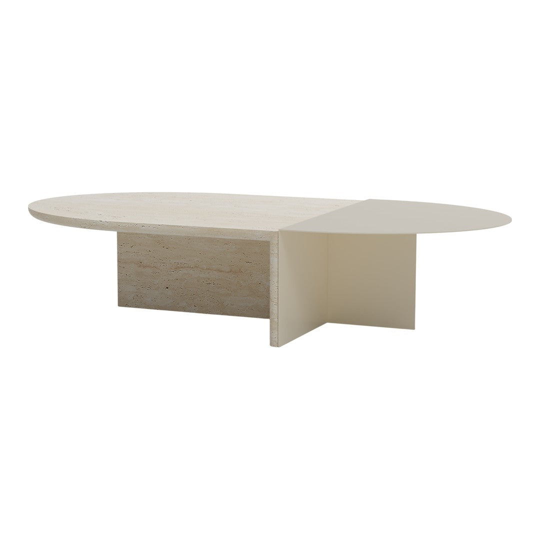 Minimalist oval coffee table in soft beige with subtle texture, featuring a modern two-tone design.