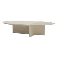 Minimalist oval coffee table in soft beige with subtle texture, featuring a modern two-tone design.