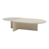 Modern oval coffee table in light beige with smooth, minimalist design and contrasting beige stone patterns.
