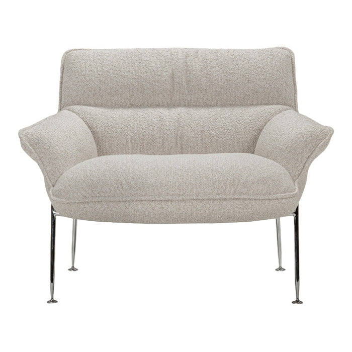 Light beige upholstered sofa with a textured fabric and stylish chrome legs, offering a modern and cozy design.