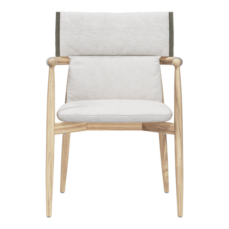 Light gray fabric armchair with a natural wood frame and olive green accent on the backrest. Minimalist design.