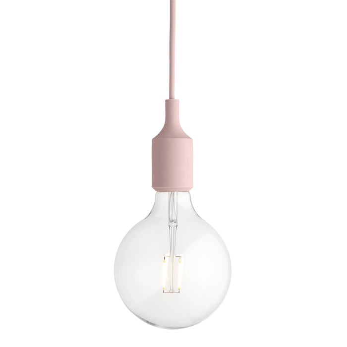 Pink pendant light with a clear glass bulb, featuring a sleek, minimalist design. Perfect for modern decor.