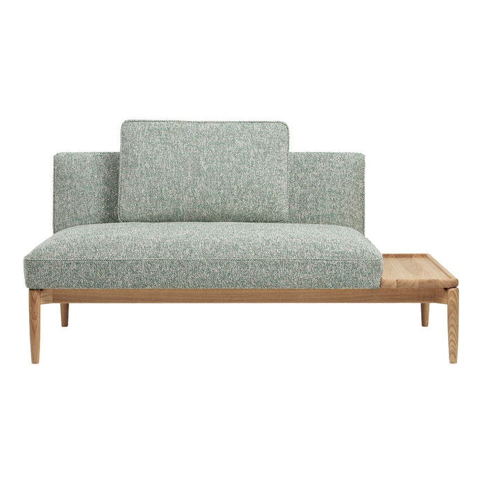 Light green textured upholstery with a natural wood base, featuring a modern minimalist design.