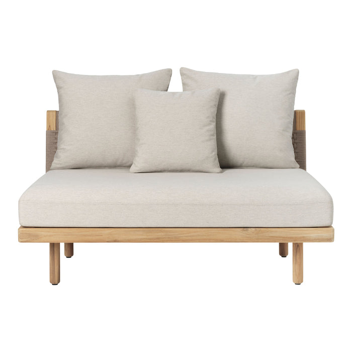 Light beige sofa with three plush cushions and a natural wood frame, featuring a minimalist and modern design.