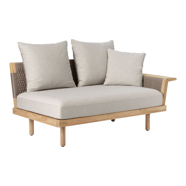 Light beige cushions on a wooden frame, featuring a woven backrest for a modern, airy look. Ideal for outdoor spaces.