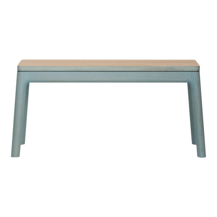Light blue bench with a natural wood tabletop, featuring a sleek, modern design. Ideal for indoor or outdoor use.