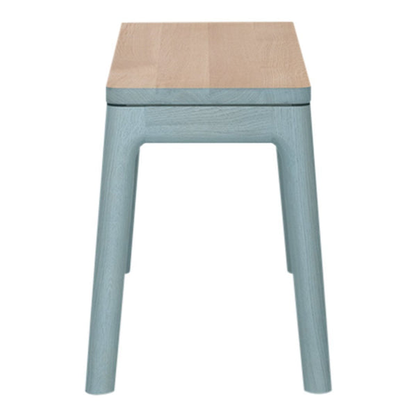Light wood tabletop with soft blue legs, featuring a minimalist design and smooth finish for a modern look.