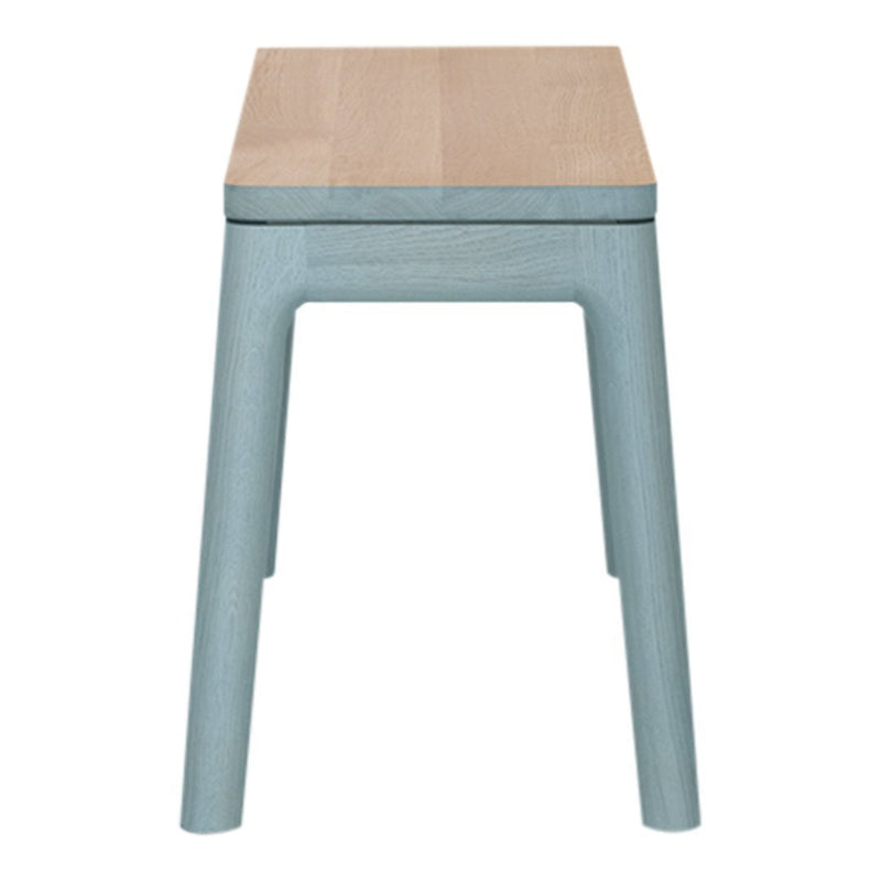 Light wood tabletop with soft blue legs, featuring a minimalist design and smooth finish for a modern look.