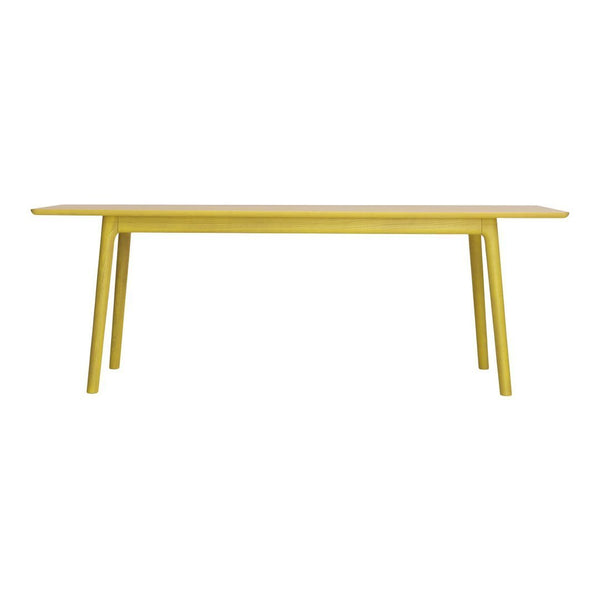 Bright yellow dining table with a sleek, modern design and clean lines. Perfect for adding a pop of color.