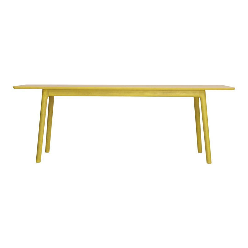 Bright yellow dining table with a sleek, modern design and clean lines. Perfect for adding a pop of color.