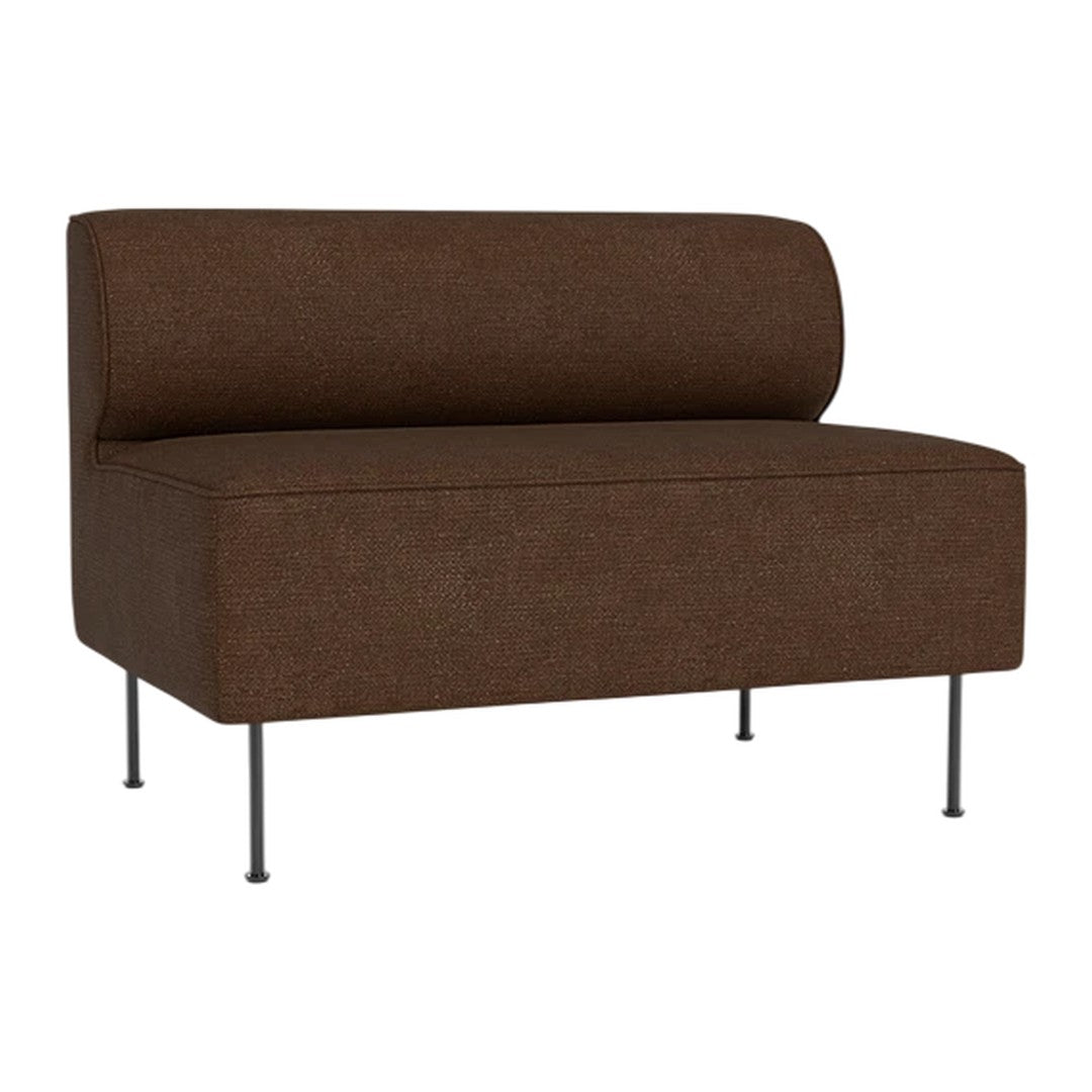 Brown upholstered loveseat with a smooth fabric finish and minimalistic design. Stylish legs in sleek metal.