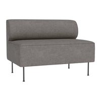 Gray upholstered loveseat with a rounded back and sleek black legs, featuring a smooth, contemporary texture.