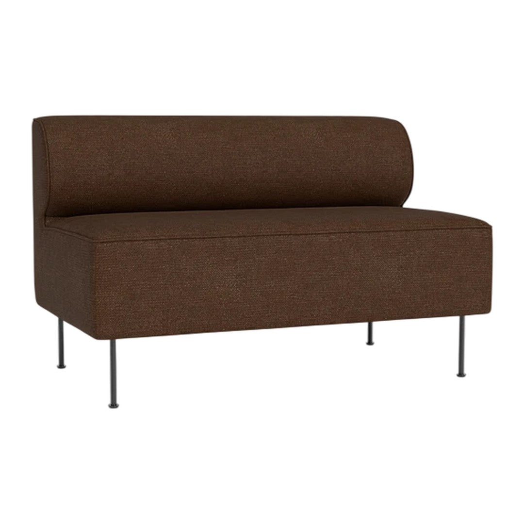 Brown upholstered loveseat with a round backrest and minimalist metal legs, featuring a smooth, solid texture.
