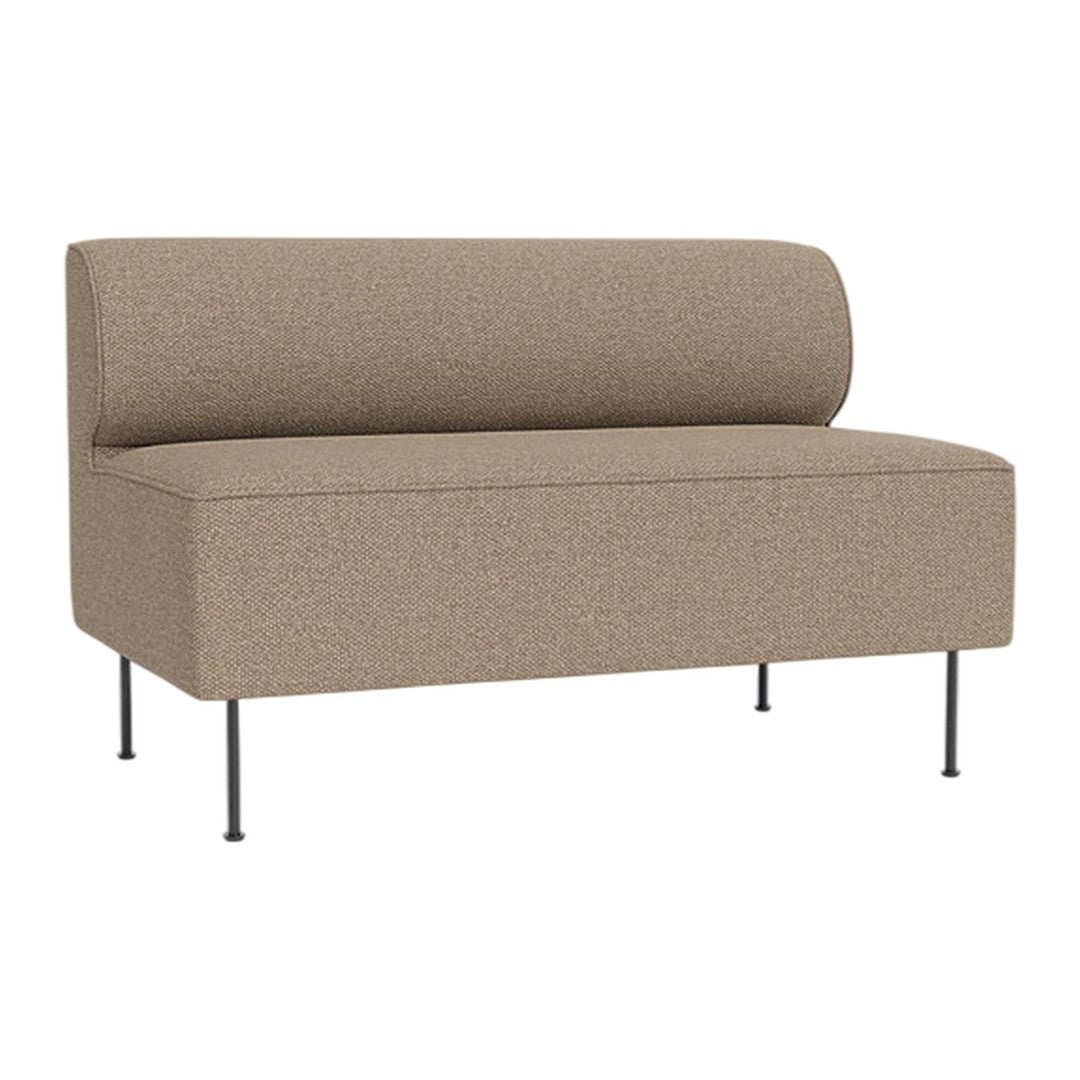 Soft beige upholstered bench with a cylindrical backrest and sleek black metal legs, featuring a textured fabric pattern.