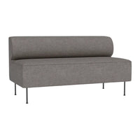Gray upholstered bench with a minimalist design and rounded backrest, featuring clean lines and metal legs.