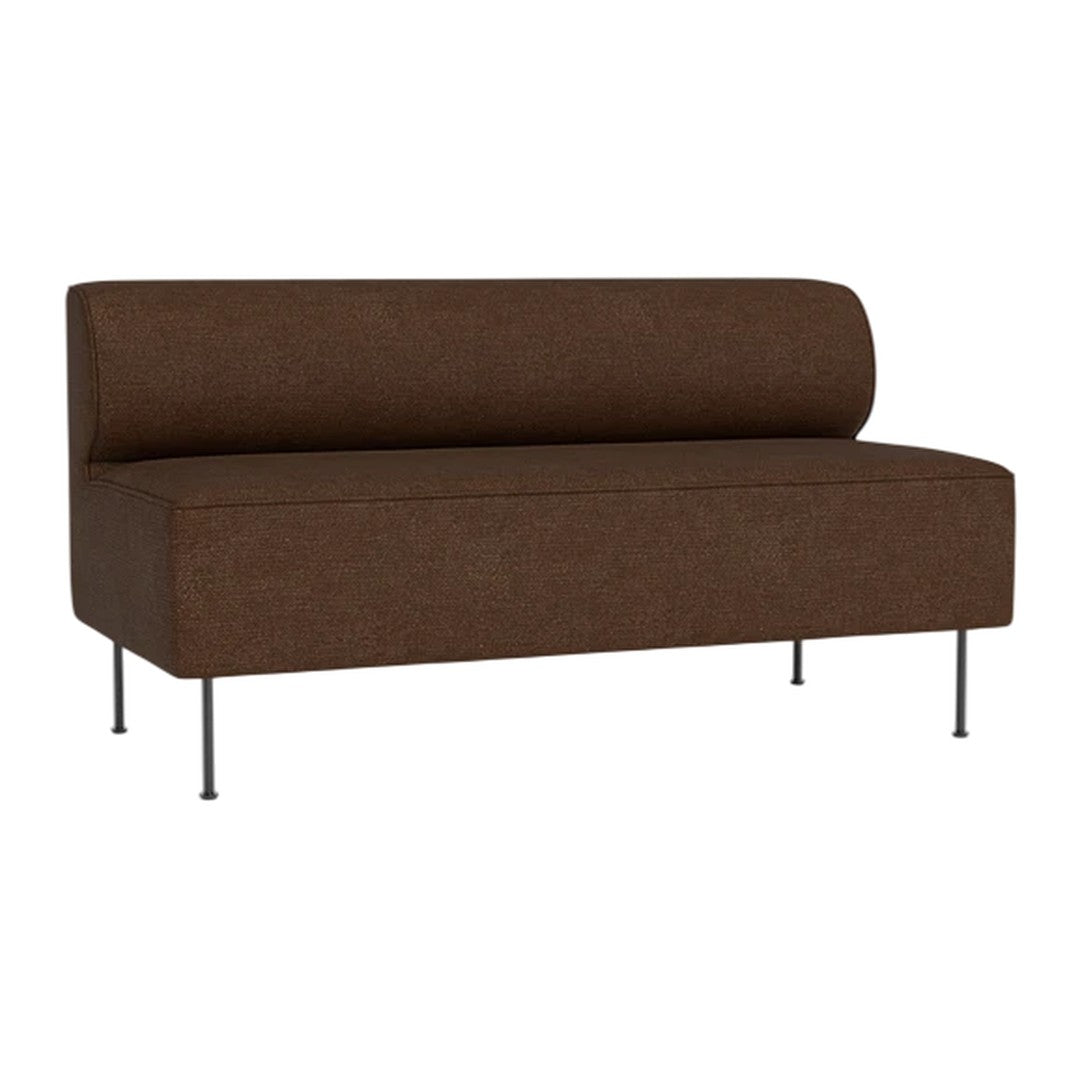 Brown upholstered bench with a smooth fabric finish and minimalist design, featuring sleek metal legs.