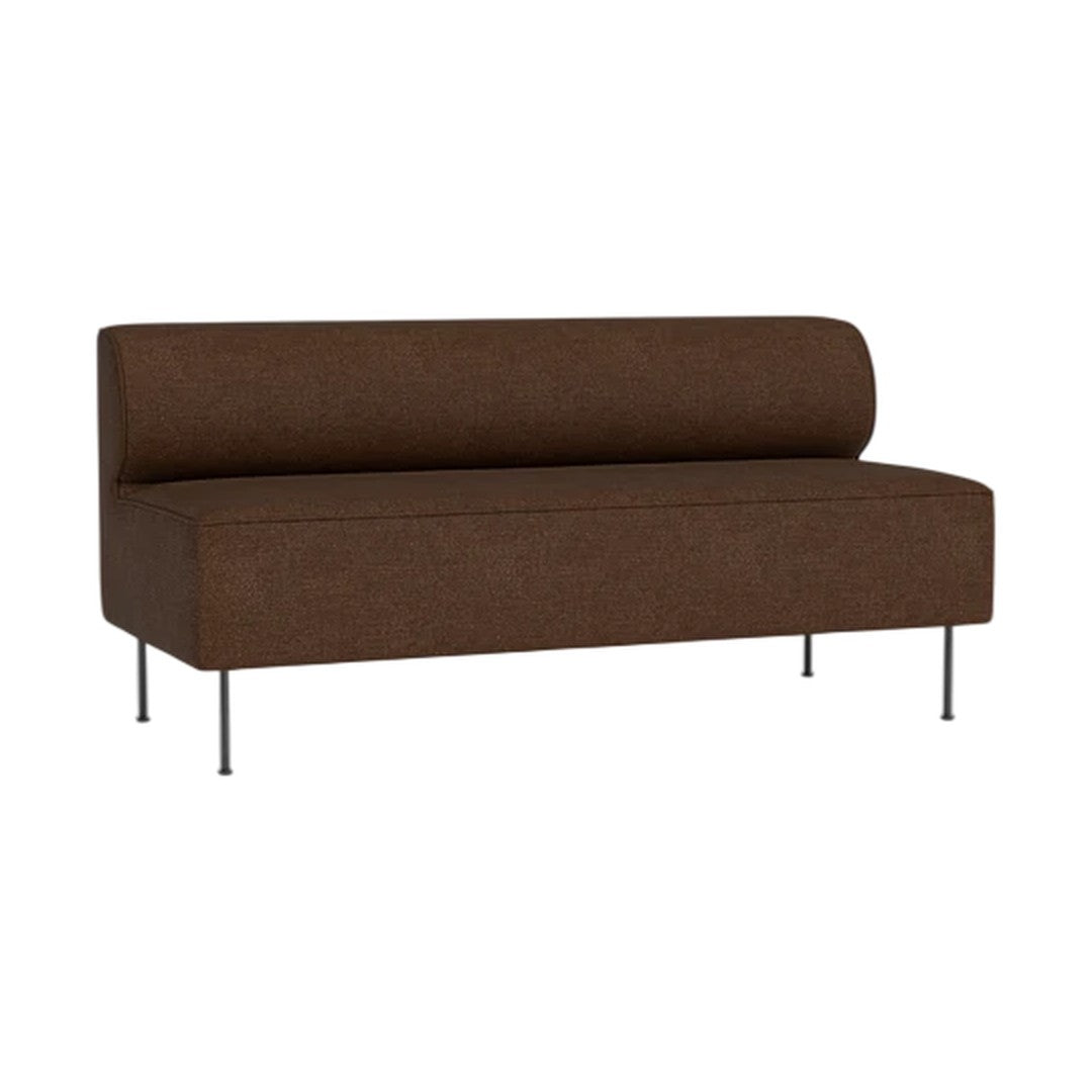 Brown upholstered sofa with a sleek, minimal design and smooth fabric texture, featuring tapered metal legs.