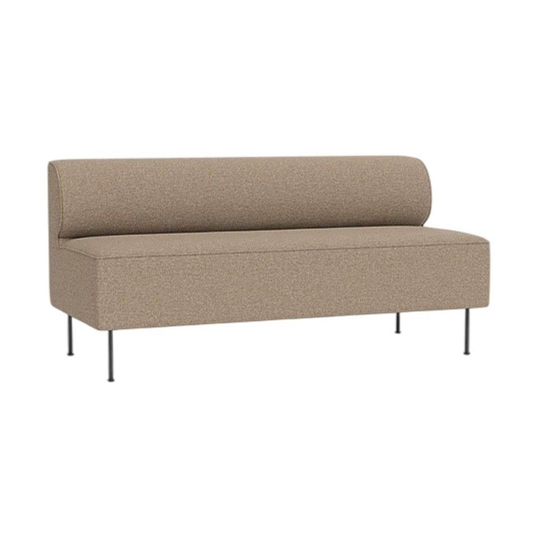 Elegant beige sofa with a smooth, textured fabric and sleek metallic legs, perfect for modern décor.