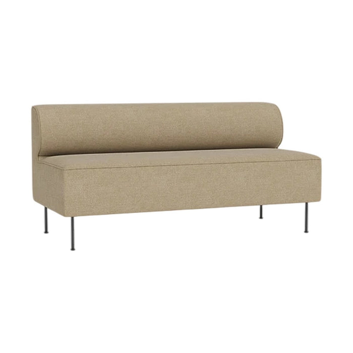 Beige upholstered sofa with a smooth, minimalist design and sleek metal legs. Perfect for contemporary interiors.