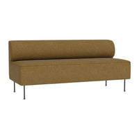 Modern brown upholstered sofa with clean lines and a cylindrical backrest, featuring sleek metal legs.
