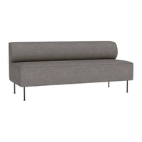 Modern gray upholstered sofa with a minimalist design and smooth, solid fabric. Ideal for contemporary spaces.