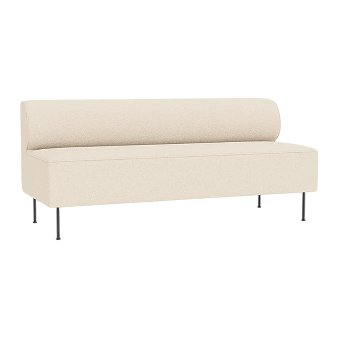 Beige minimalist sofa with a smooth fabric finish and sleek metal legs, perfect for modern decor.
