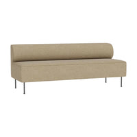 Beige modern sofa with a clean, streamlined design and cylindrical backrest, featuring sleek metal legs.