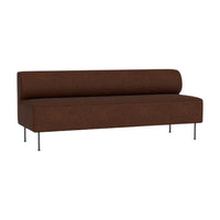 Brown minimalist sofa with a smooth textured finish and sleek metal legs. Simple and modern design aesthetic.