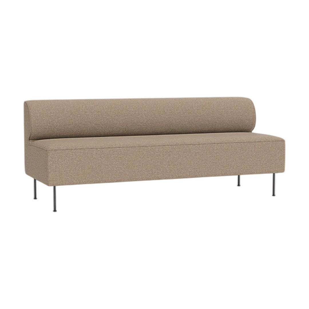 Beige upholstered sofa with a minimalistic design and subtle textured pattern on metal legs.