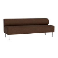 Brown fabric sofa with a sleek design and smooth texture, featuring a minimalist style and metallic legs.