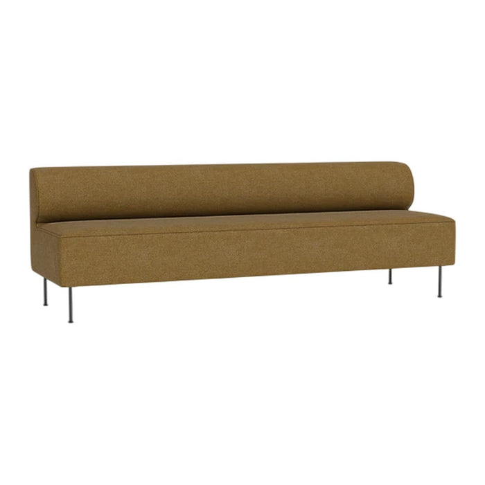 "Solid mustard yellow upholstery with clean lines and sleek metal legs."