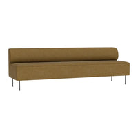 Sleek, modern sofa in earthy brown fabric with a smooth, geometric silhouette and minimalist metal legs.