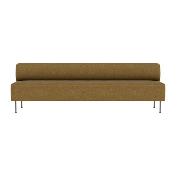 "Modern brown sofa with sleek design and clean lines, featuring a textured fabric and metallic legs."