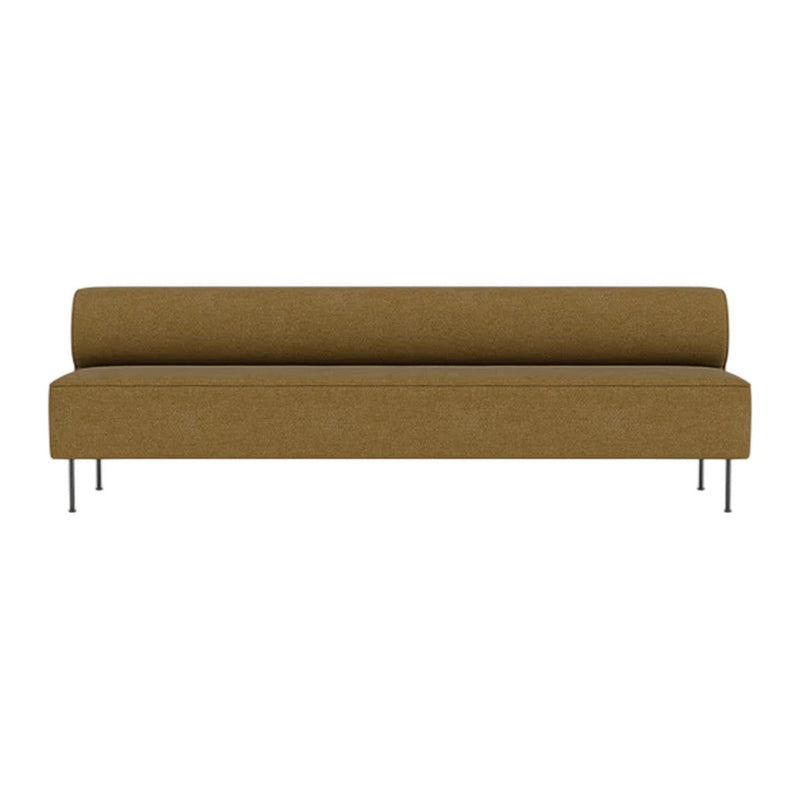 "Modern brown sofa with sleek design and clean lines, featuring a textured fabric and metallic legs."