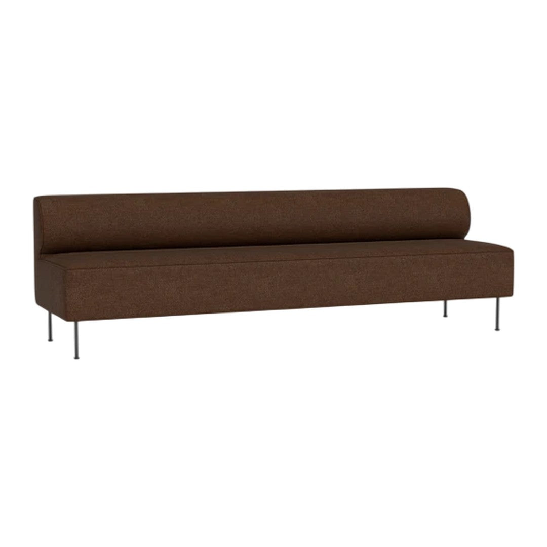 Brown upholstery sofa with a sleek, minimalist design and solid color, featuring a straight back and slender metal legs.