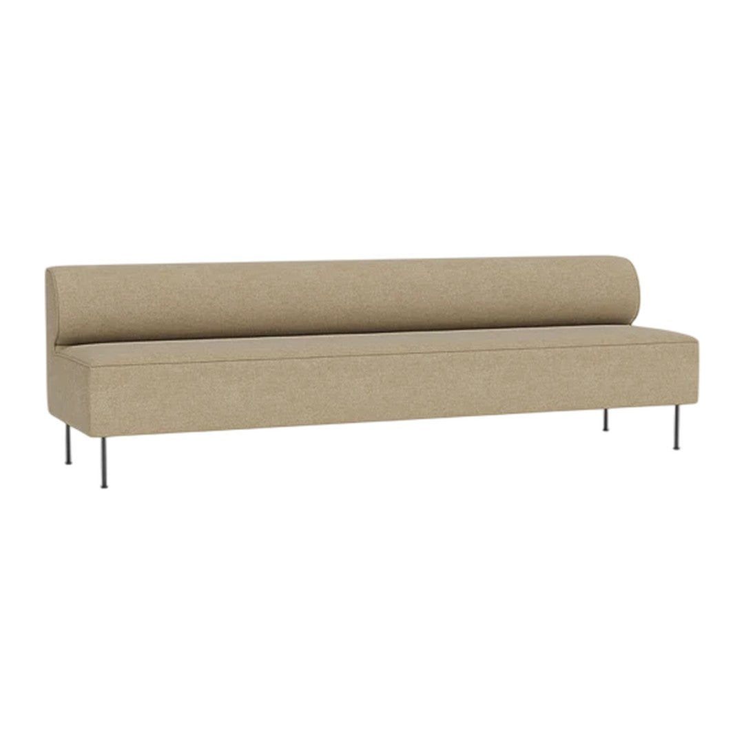 Beige fabric sofa with a sleek, minimalist design and subtle texture, complemented by metallic legs.