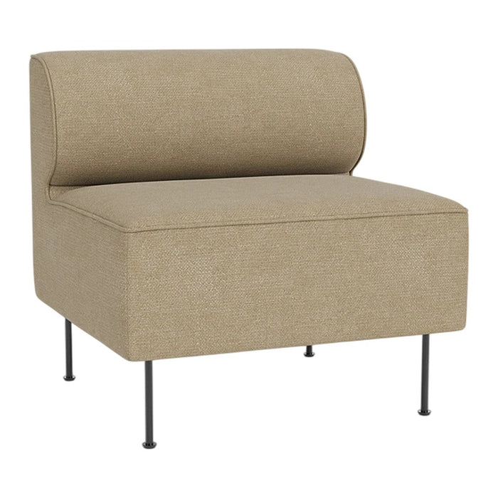 Beige upholstered accent chair with a smooth texture and minimalist design on slender black legs.