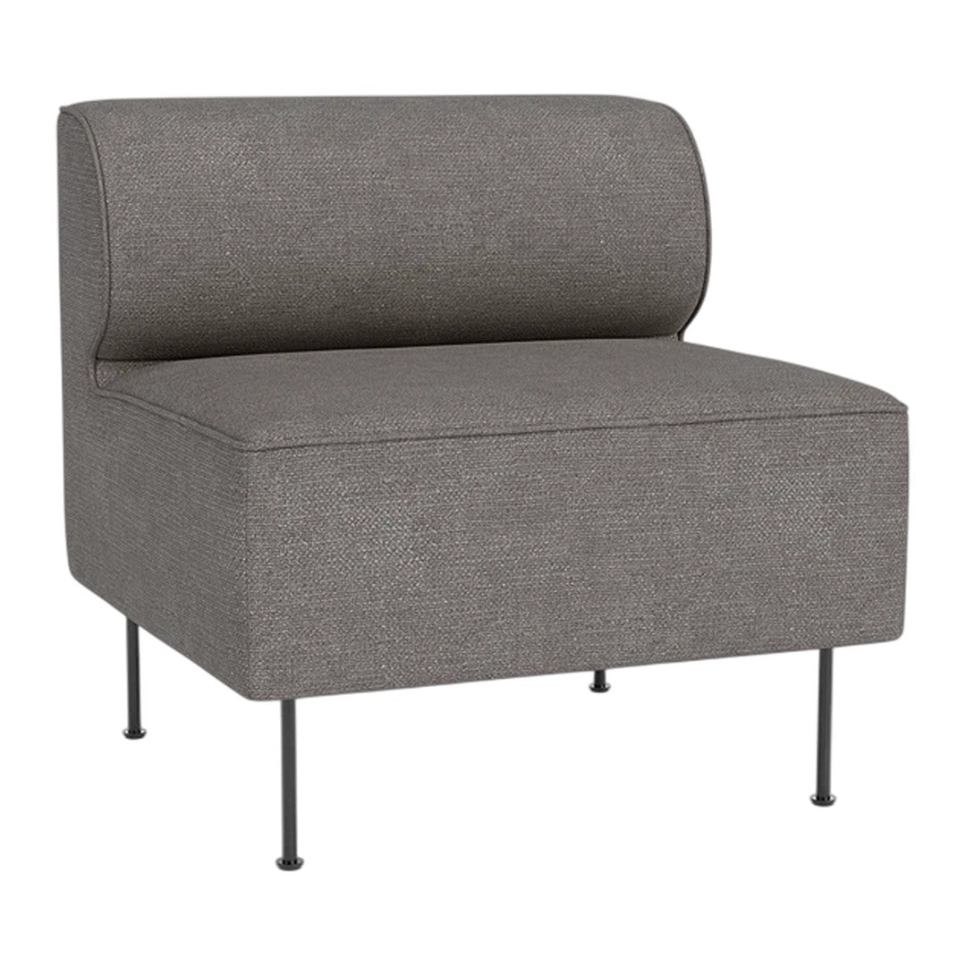 Gray upholstered accent chair with a smooth surface and minimalist design, featuring rounded backrest and sleek metal legs.