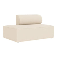 Beige upholstered chaise lounge with a rounded backrest, featuring a minimalist design and smooth, clean lines.