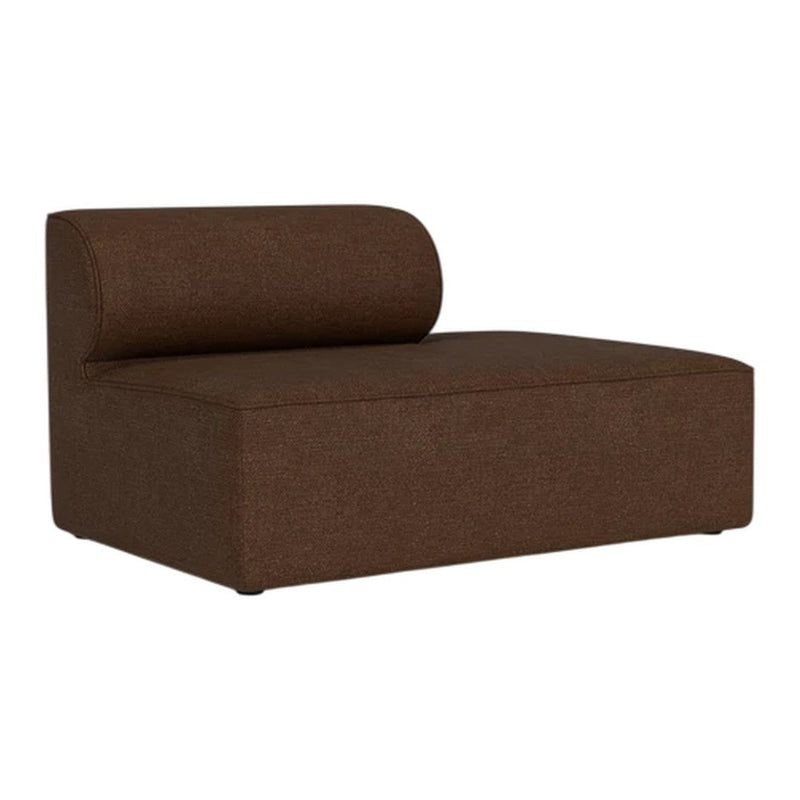 Brown modular chaise lounge with a cylindrical backrest, featuring a solid and textured fabric pattern.