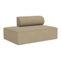 Beige upholstered lounge chair with a cylindrical backrest and smooth, minimalist design. Perfect for modern interiors.