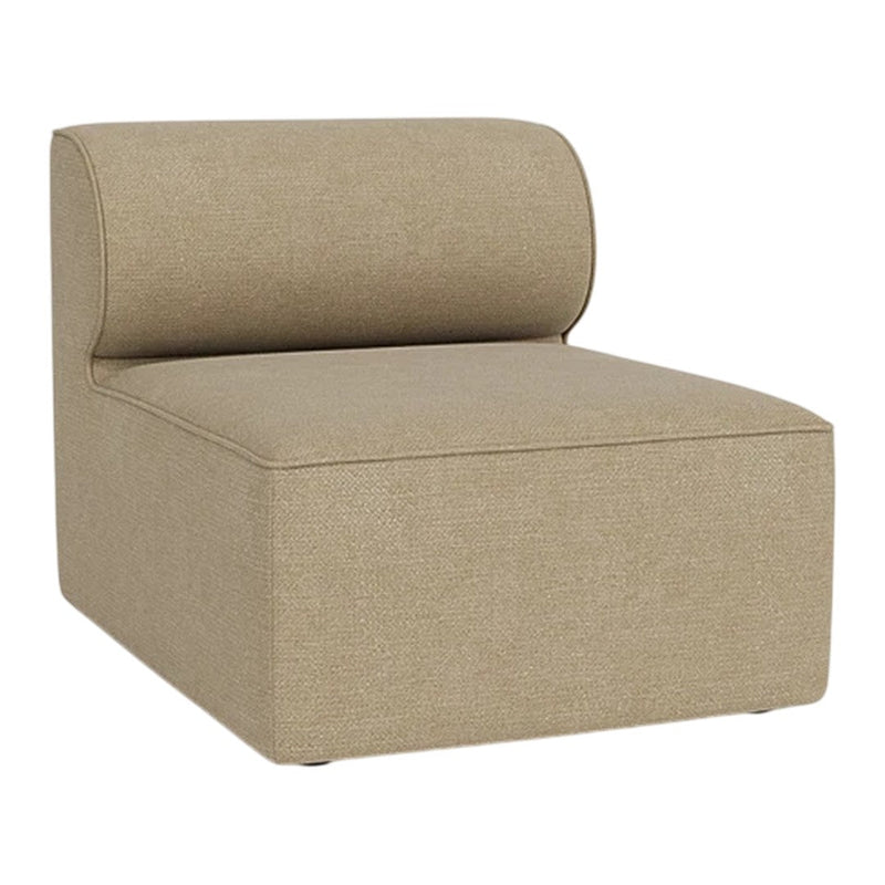 "Neutral beige upholstered chair with a round backrest, featuring a subtle textured pattern."