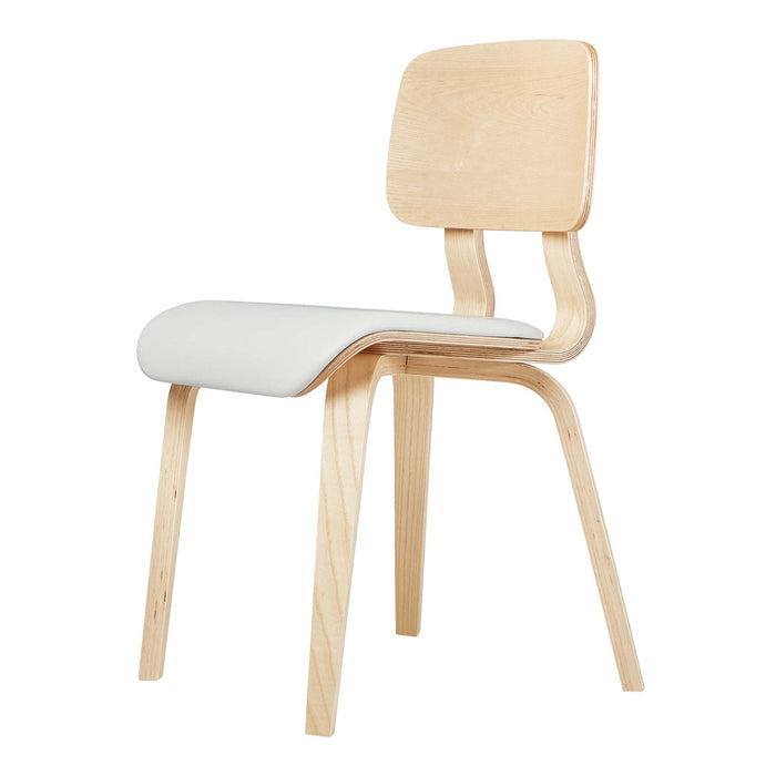 Light wooden chair with a smooth, natural finish and a white cushioned seat, featuring simple, modern lines.